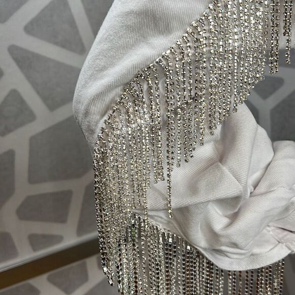 Blank NYC White Denim Rhinestones Fringe Jacket NWT S - Picture 5 of 16